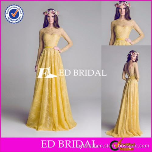 2015 MC35 Sexy Low Back Floor Length Cheap Price Long Sleeve Yellow Lace Evening Dress